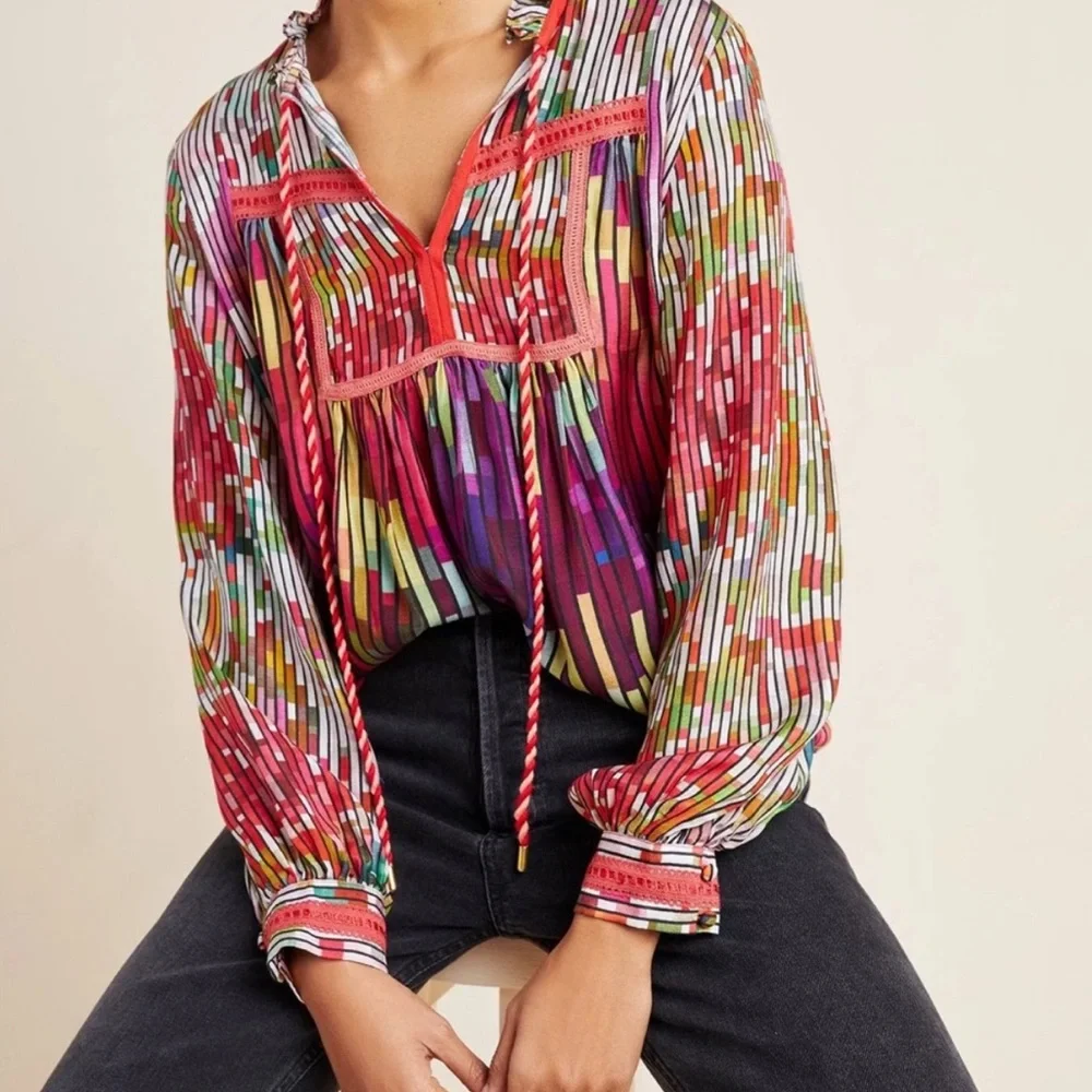 Anthropologie Conditions Apply Inreiza Top Multicolored Block Line Blouse - Picture 5 of 12